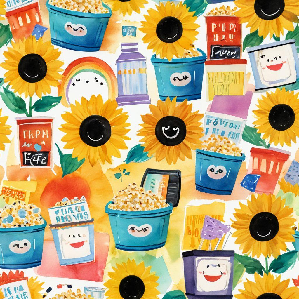 A collage of iconic scenes from feel-good films, featuring characters smiling and enjoying life, surrounded by bright sunflowers and pastel colors. Include a film reel intertwining with a rainbow and a popcorn bucket spilling over. The background should evoke warmth and happiness with soft, golden light. whimsical illustration. vibrant colors. watercolor style.