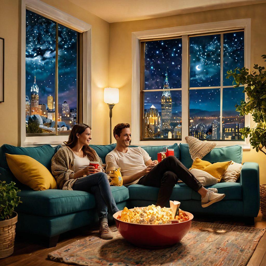 A cozy home viewing scene with a couple snuggled on a couch, surrounded by popcorn and snacks, basking in the glow of a large screen showing a vibrant, joyful film. Colorful movie posters adorn the walls, and a warm ambiance fills the room with twinkling fairy lights. Outside the window, a starry night adds to the feel-good atmosphere. super-realistic. vibrant colors. warm lighting.