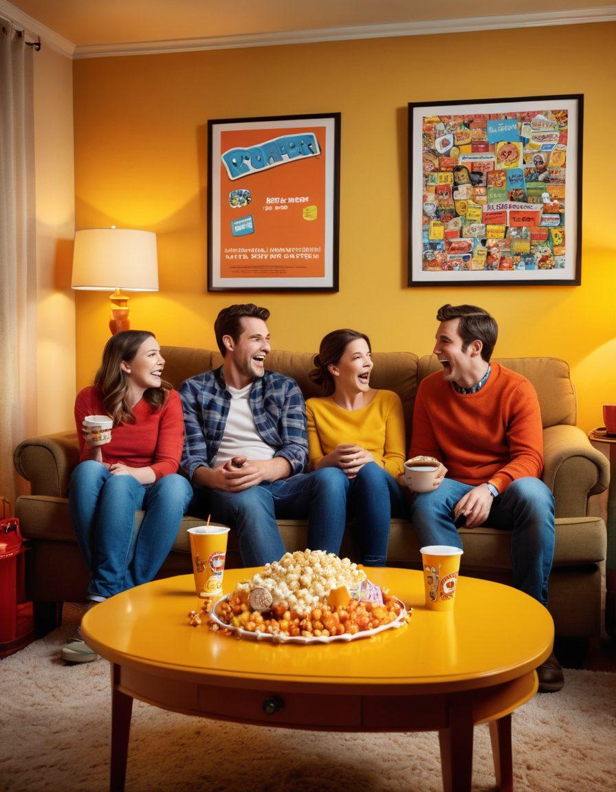 A cozy living room scene with a family gathered around a TV, bursts of laughter depicted visually with comic-style speech bubbles. Bright-colored popcorn and snacks litter the coffee table, and a movie poster of a classic comedy film hangs on the wall. Warm lighting creates a joyful atmosphere, highlighting smiles and playful interactions. super-realistic. vibrant colors. cozy ambiance.